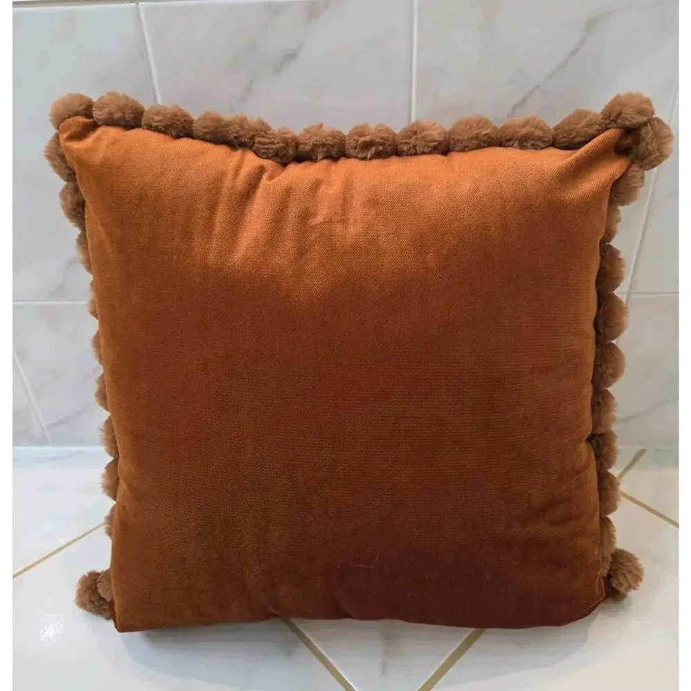 Evermaple Rust Velvet Fall Throw Pillow Embroidered Oak Leaves Acorn Pom Trim